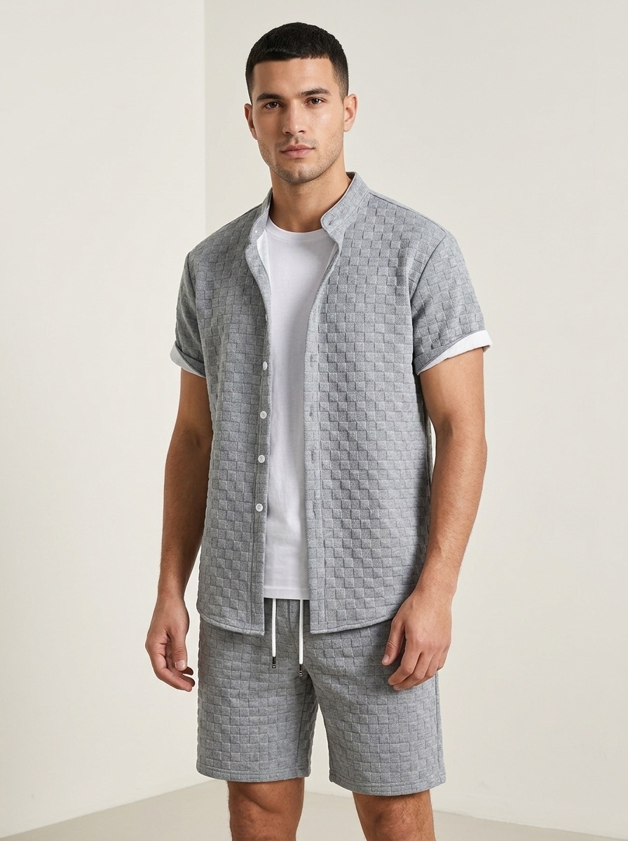 Men's Textured Checkered Shirt & Shorts Set - Casual Summer
