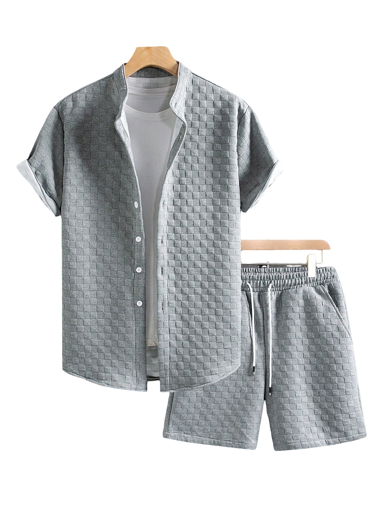 Men's Textured Checkered Shirt & Shorts Set - Casual Summer