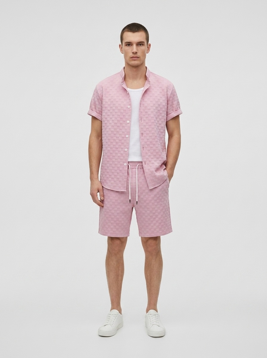 Men's Textured Checkered Shirt & Shorts Set - Casual Summer