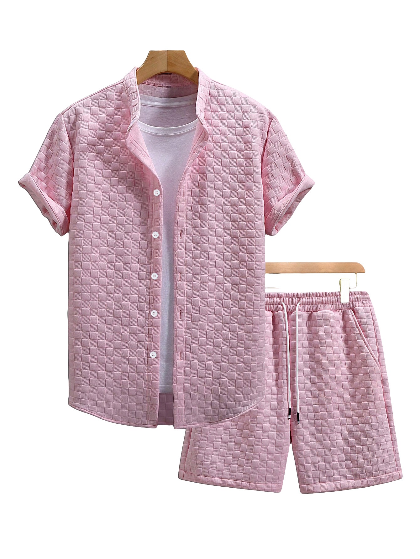 Men's Textured Checkered Shirt & Shorts Set - Casual Summer