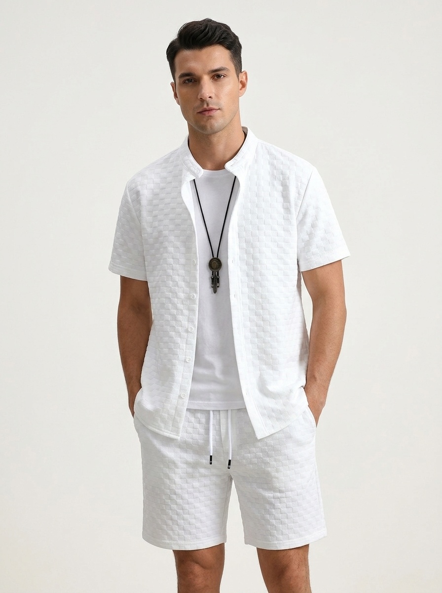 Men's Textured Checkered Shirt & Shorts Set - Casual Summer