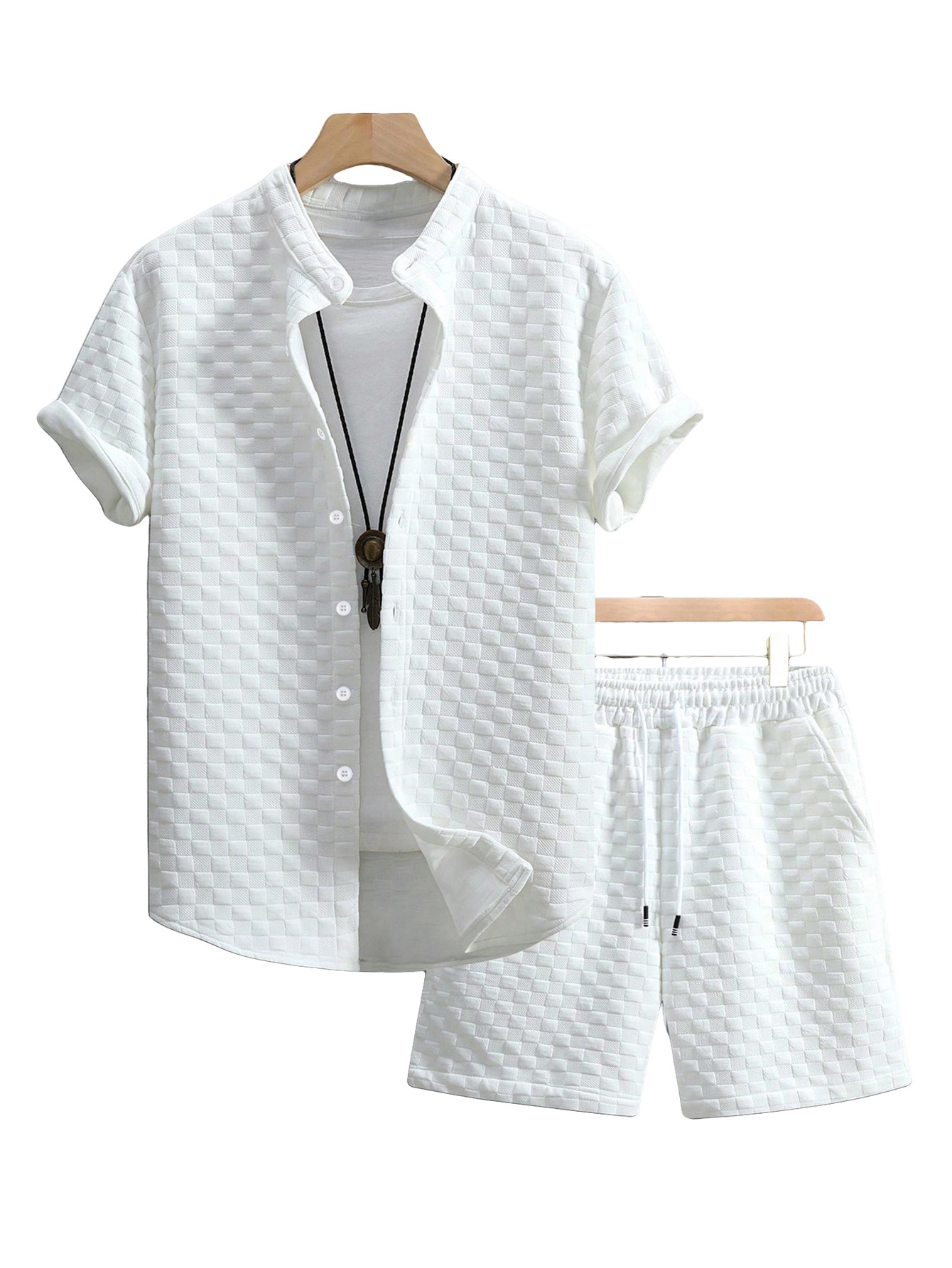 Men's Textured Checkered Shirt & Shorts Set - Casual Summer