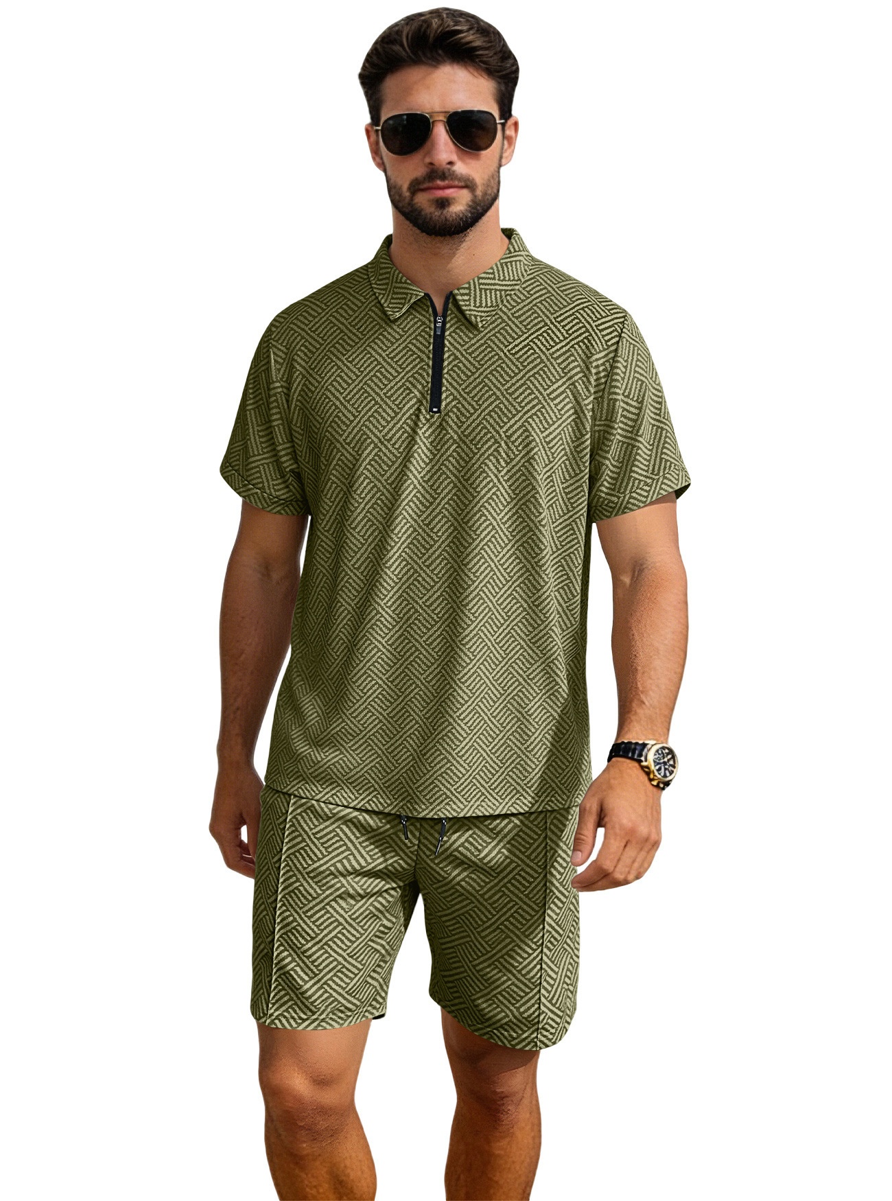 Men's Geometric Pattern Polo Shirt & Shorts Set - Casual Summer