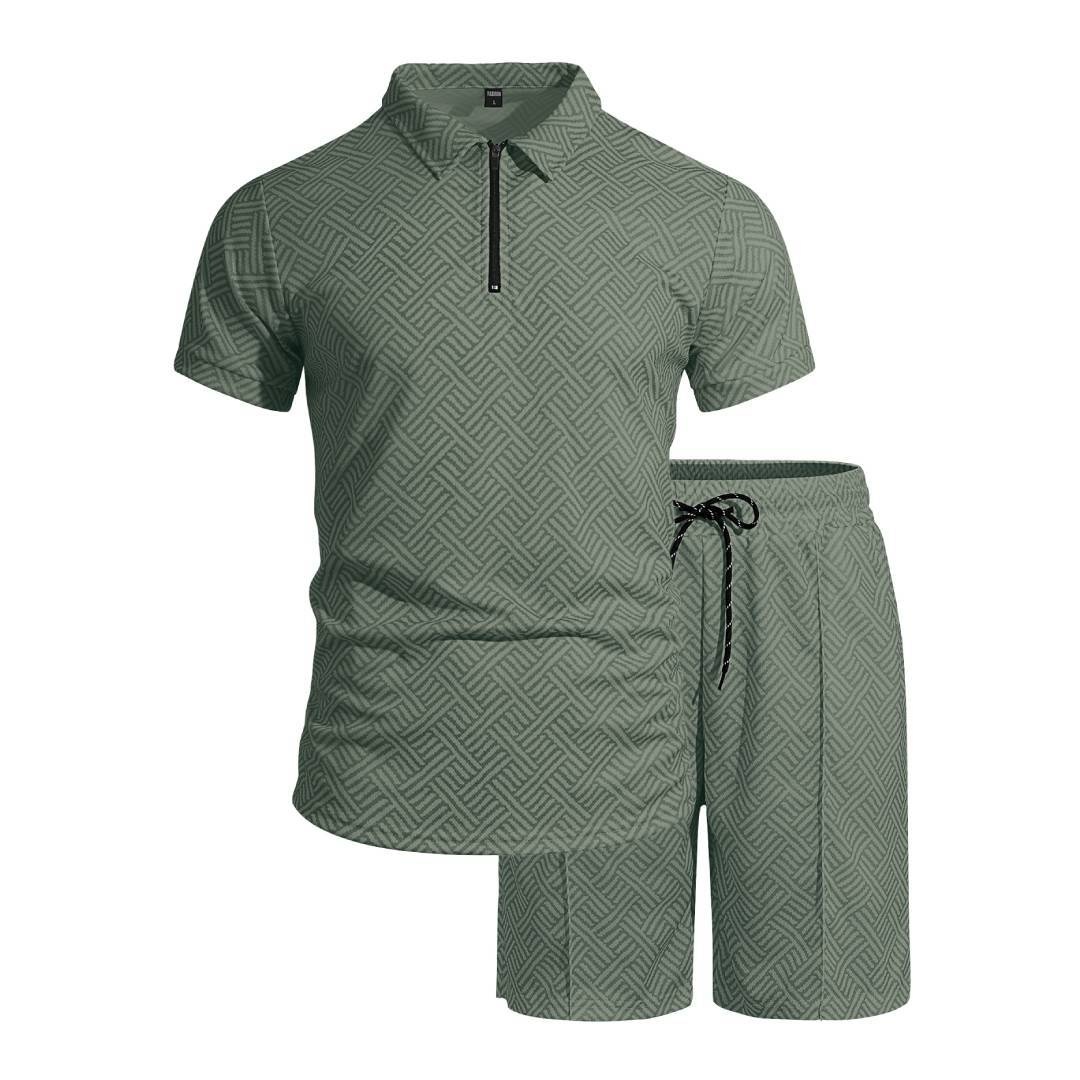 Men's Geometric Pattern Polo Shirt & Shorts Set - Casual Summer