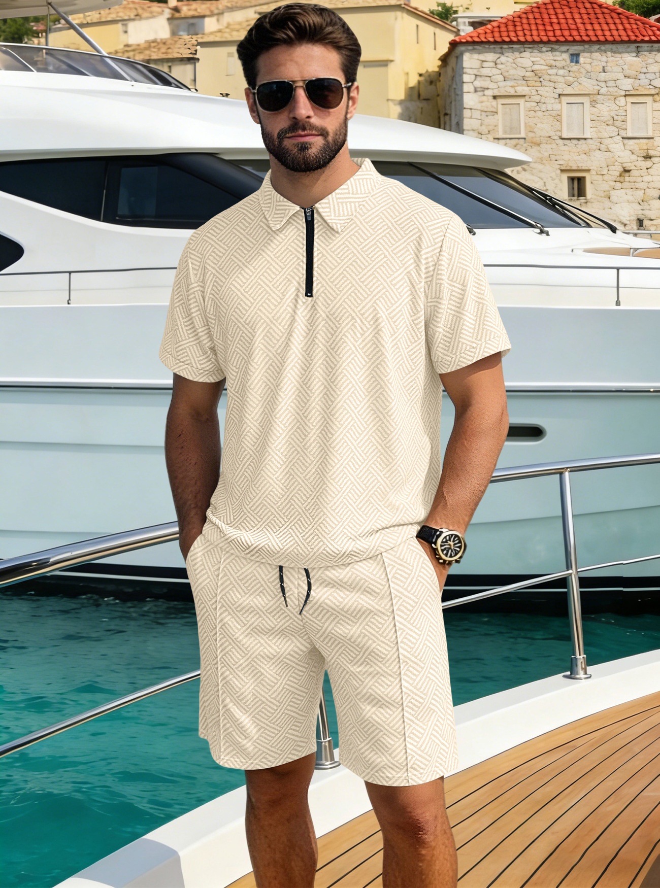 Men's Geometric Pattern Polo Shirt & Shorts Set - Casual Summer