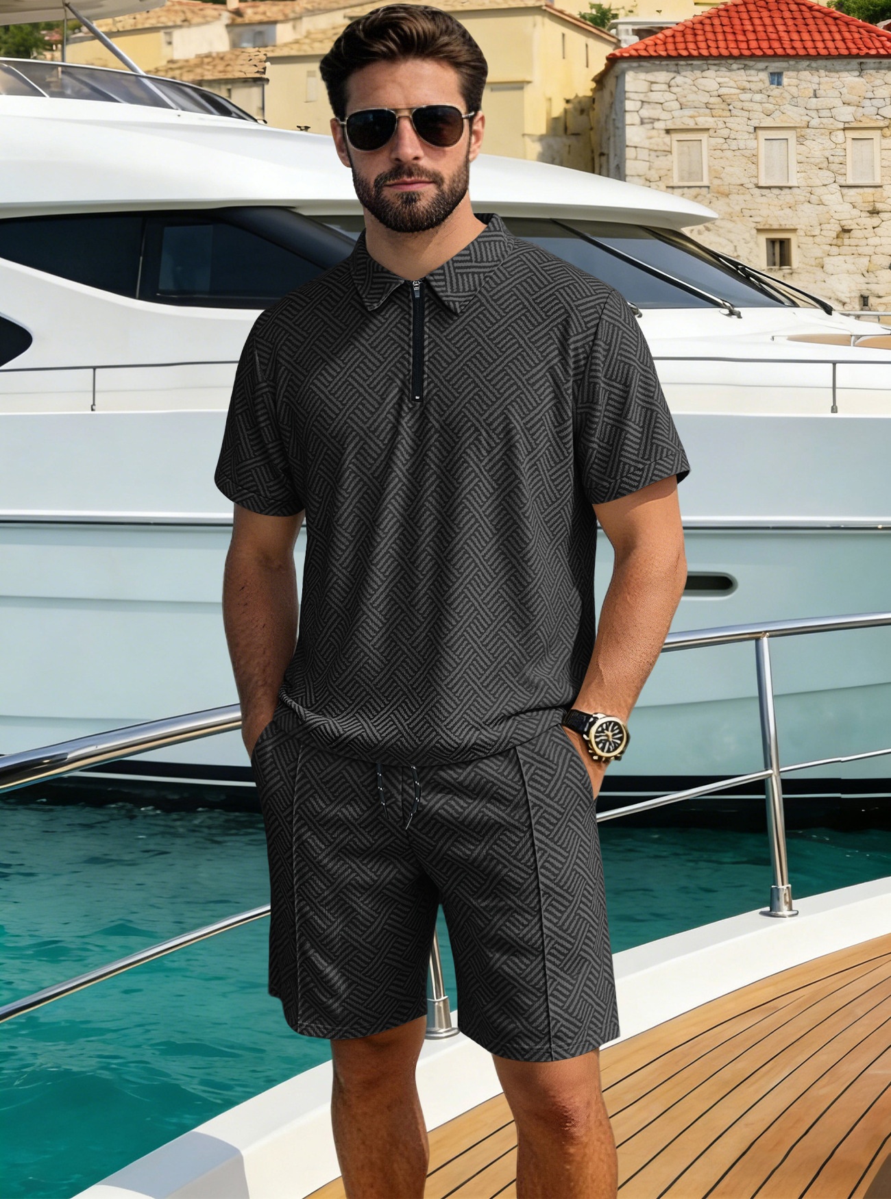 Men's Geometric Pattern Polo Shirt & Shorts Set - Casual Summer
