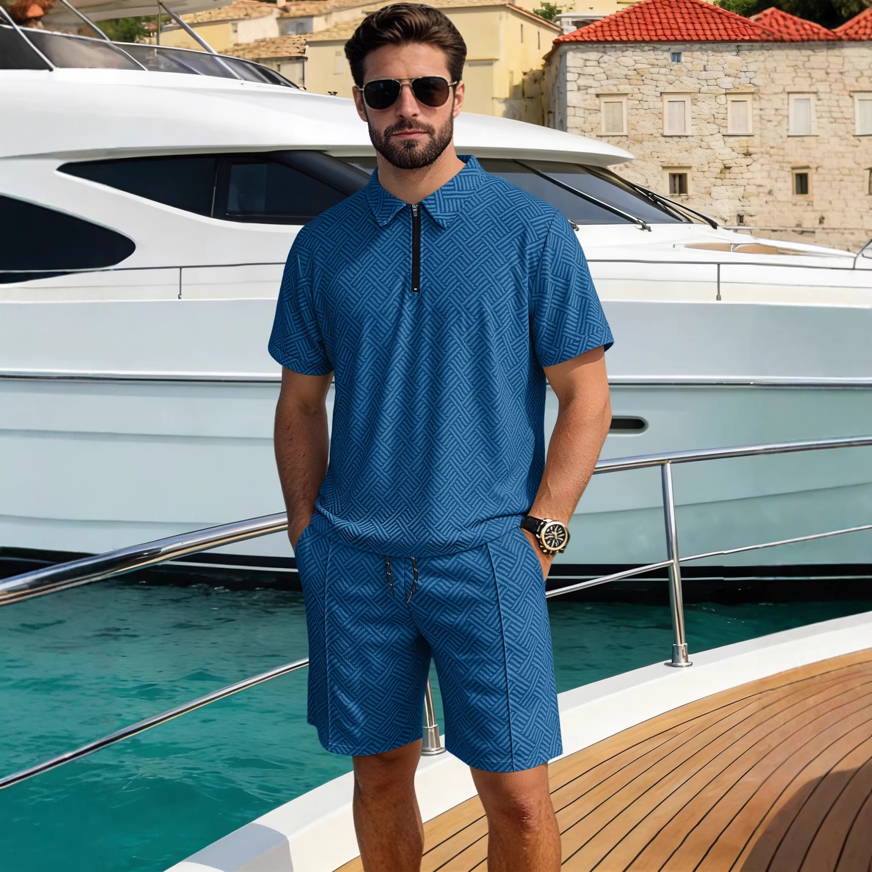 Men's Geometric Pattern Polo Shirt & Shorts Set - Casual Summer