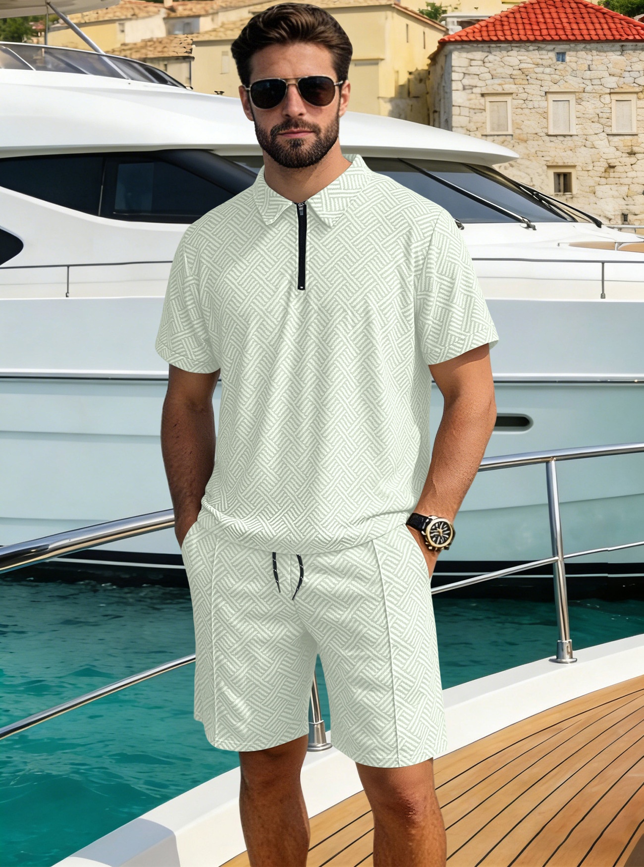 Men's Geometric Pattern Polo Shirt & Shorts Set - Casual Summer