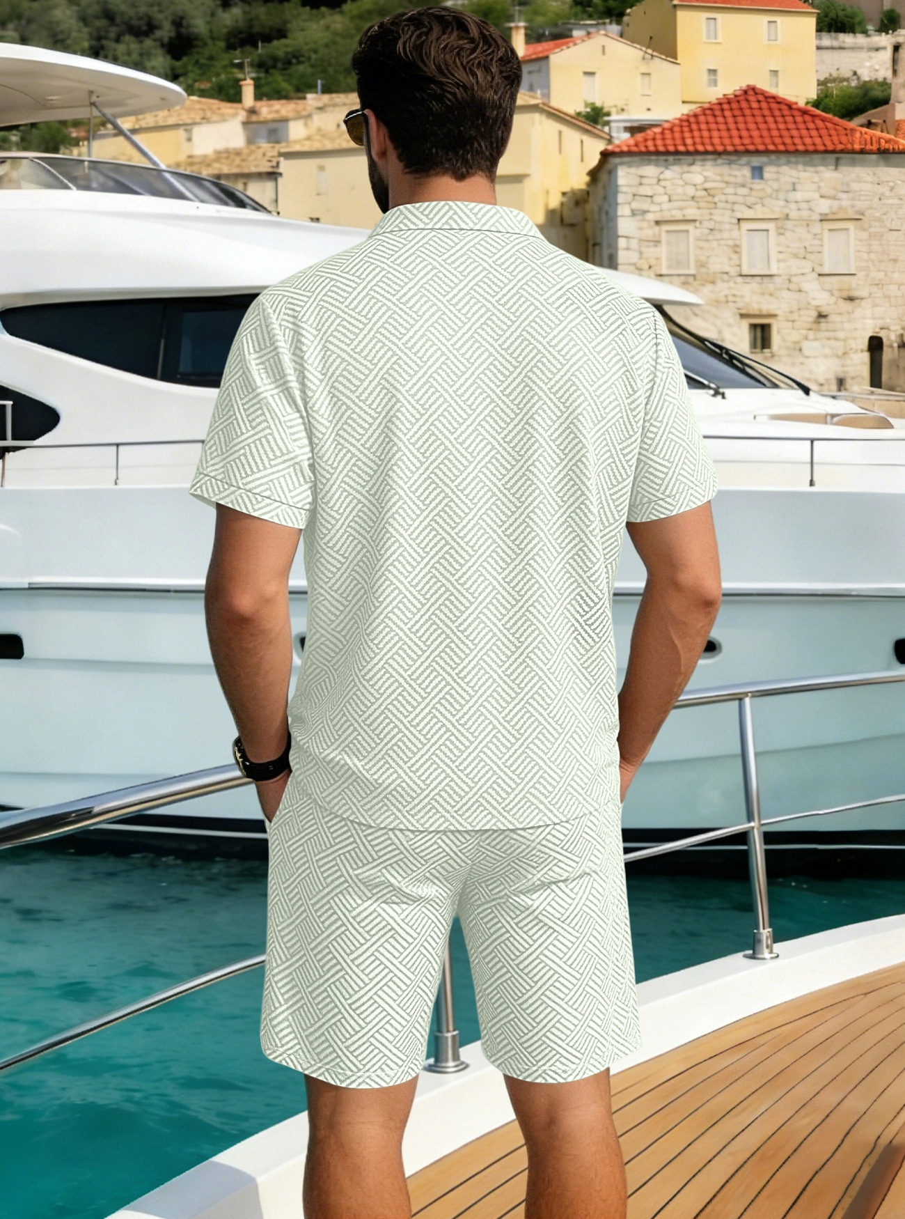 Men's Geometric Pattern Polo Shirt & Shorts Set - Casual Summer