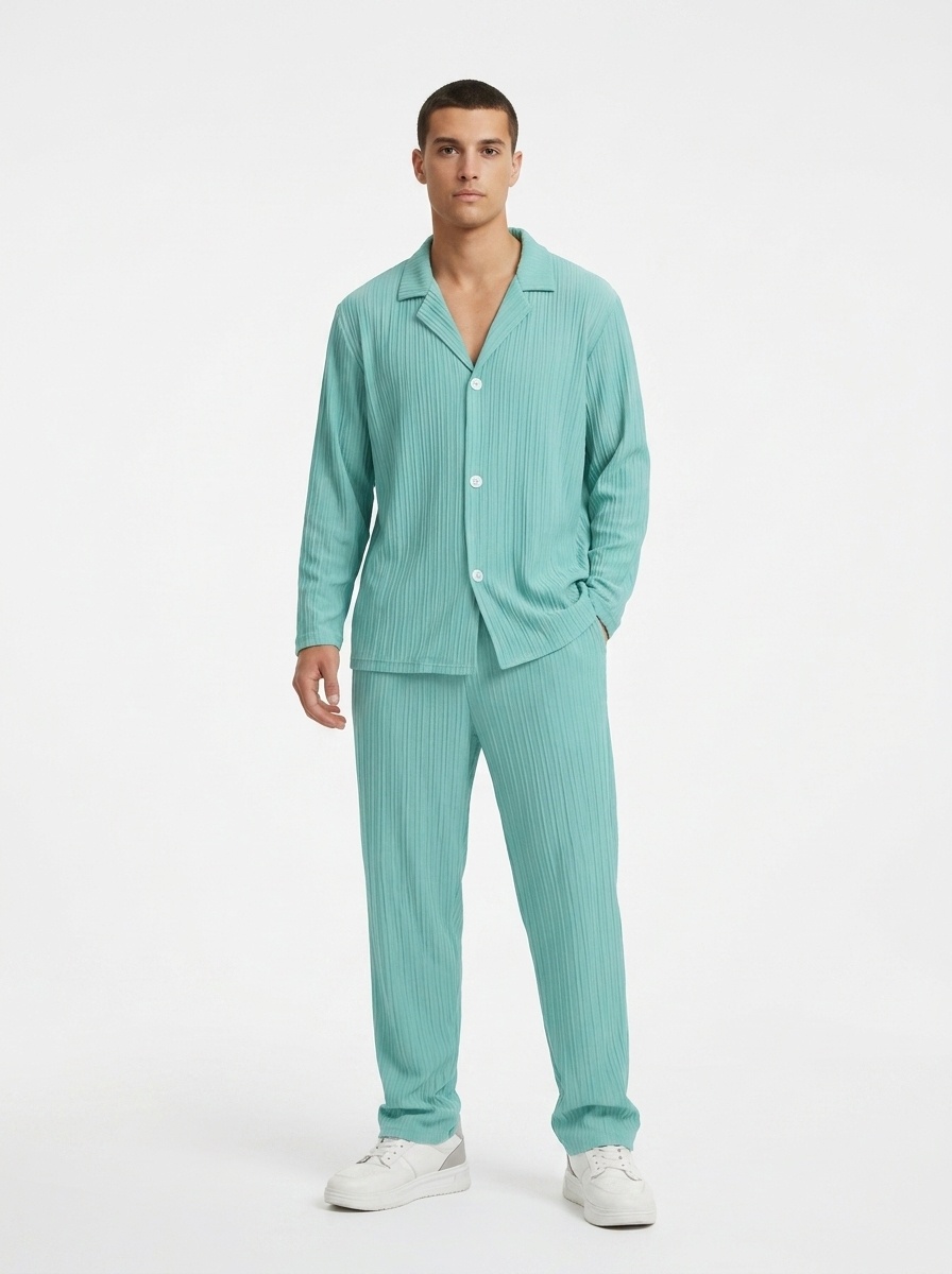 Men's Pleated Shirt & Pants Set - Casual 2 Piece Outfit