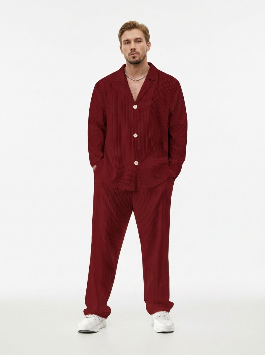 Men's Pleated Shirt & Pants Set - Casual 2 Piece Outfit