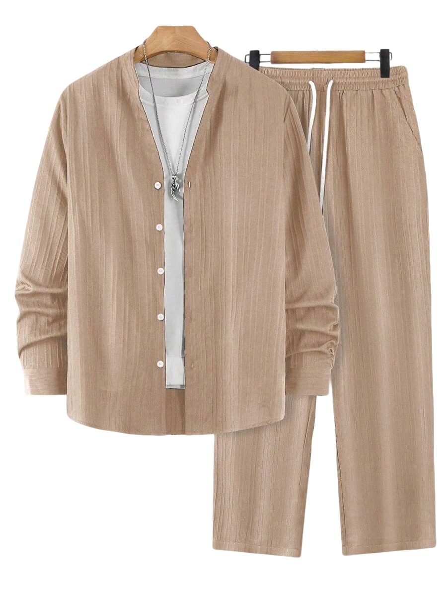 Men's Ribbed Stand Collar Shirt & Pants Casual Set