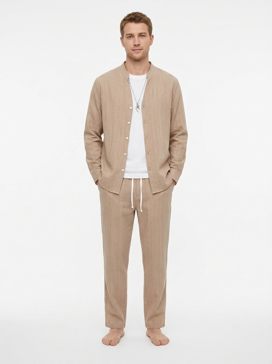 Men's Ribbed Stand Collar Shirt & Pants Casual Set