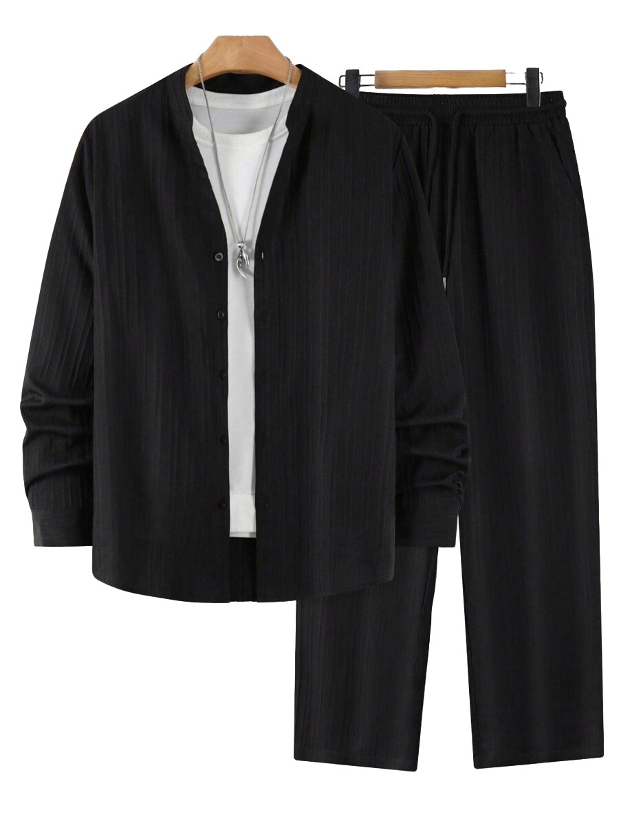 Men's Ribbed Stand Collar Shirt & Pants Casual Set