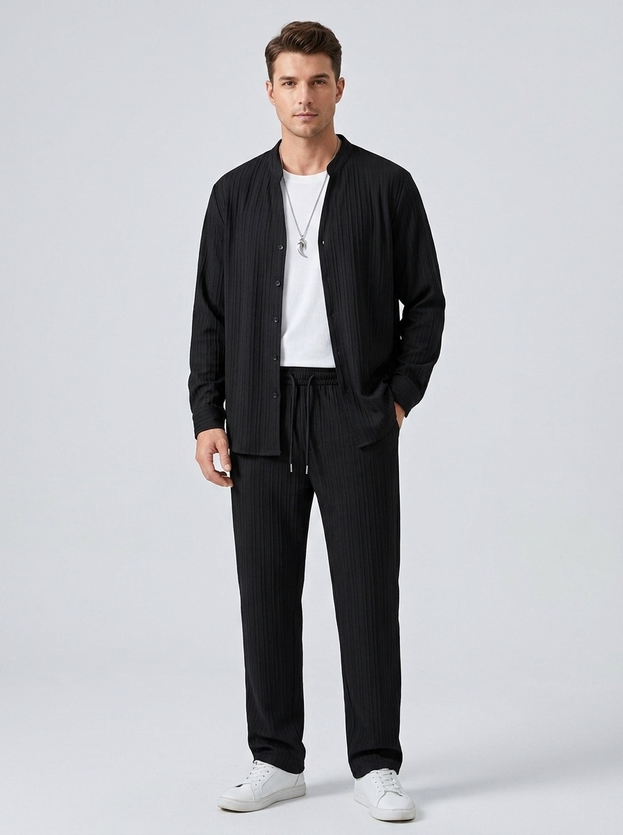 Men's Ribbed Stand Collar Shirt & Pants Casual Set