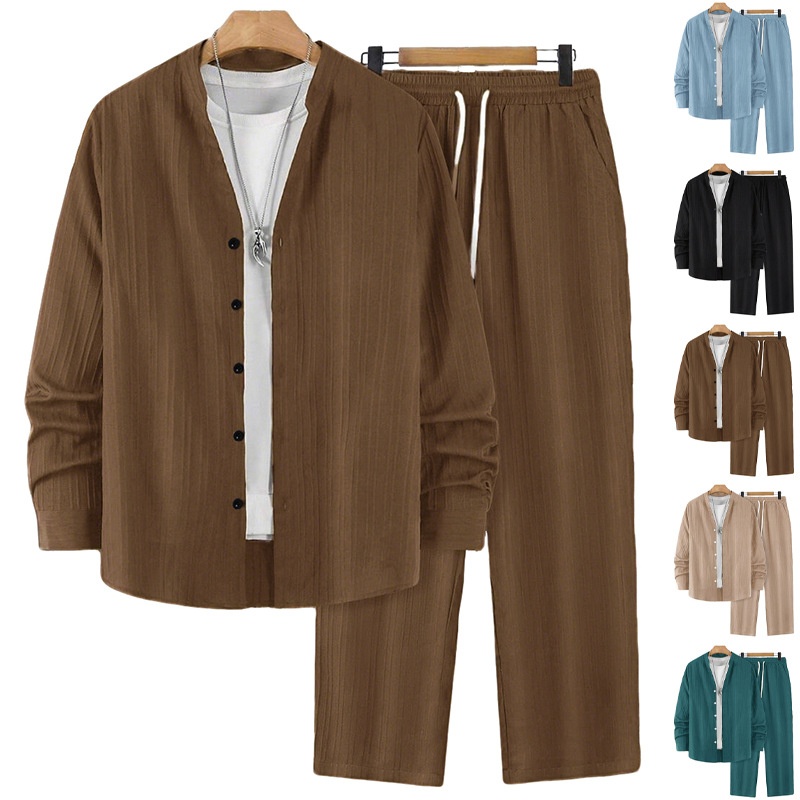 Men's Ribbed Stand Collar Shirt & Pants Casual Set