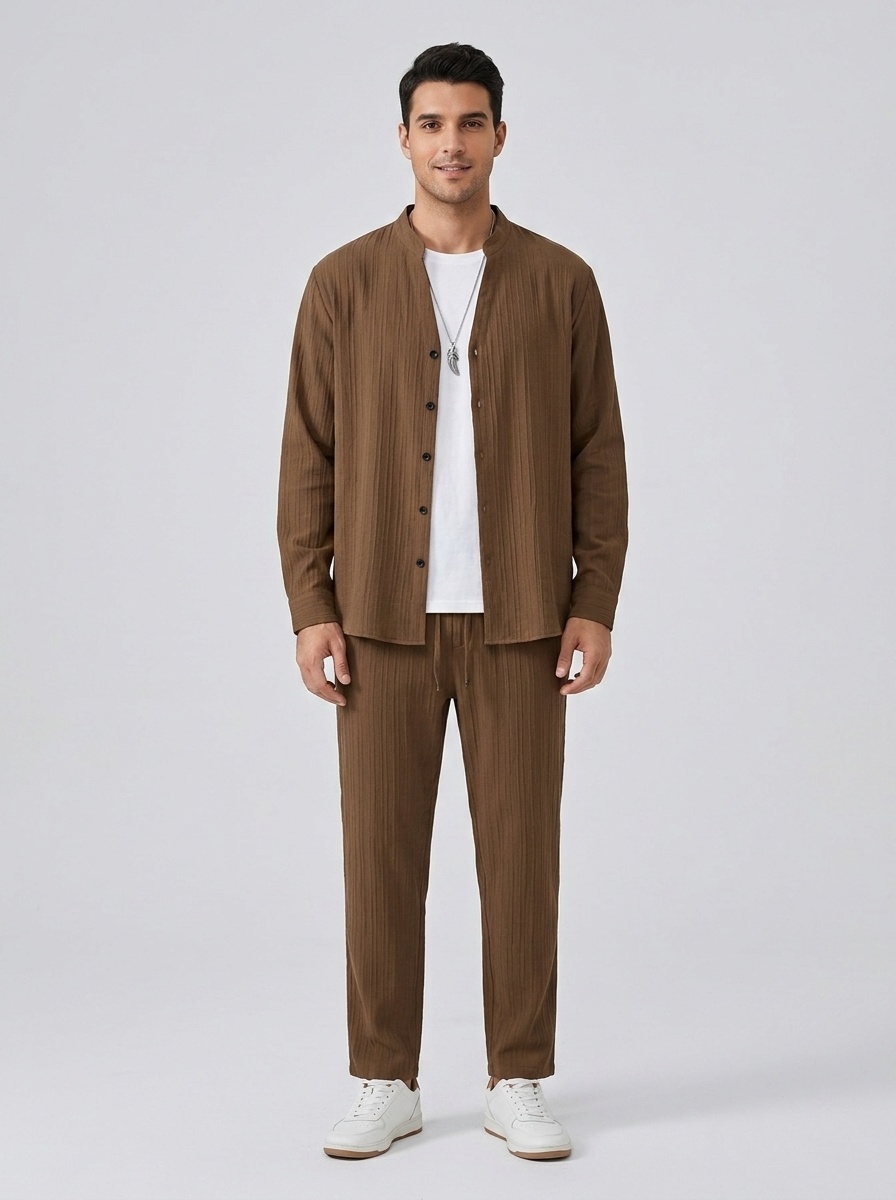Men's Ribbed Stand Collar Shirt & Pants Casual Set