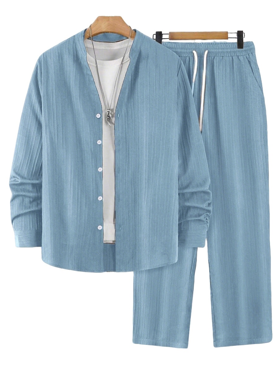 Men's Ribbed Stand Collar Shirt & Pants Casual Set