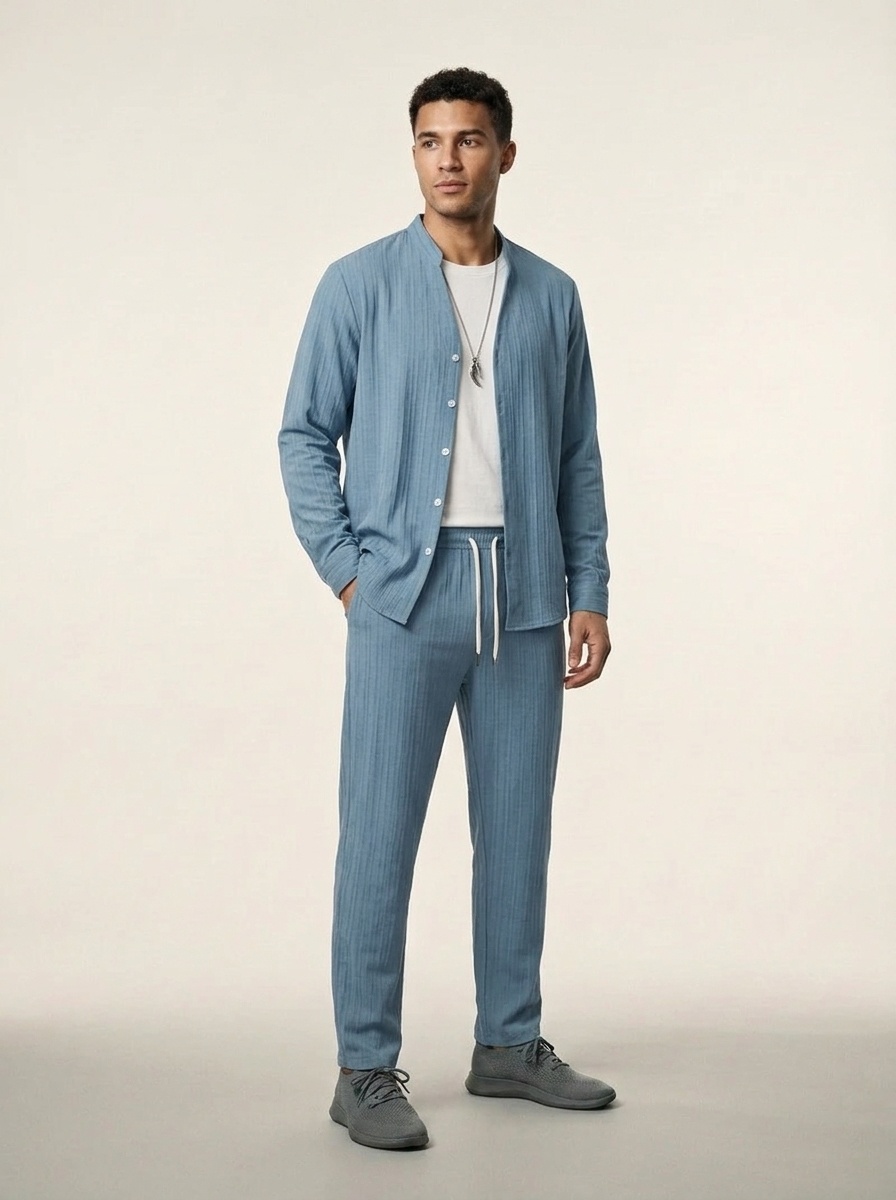 Men's Ribbed Stand Collar Shirt & Pants Casual Set