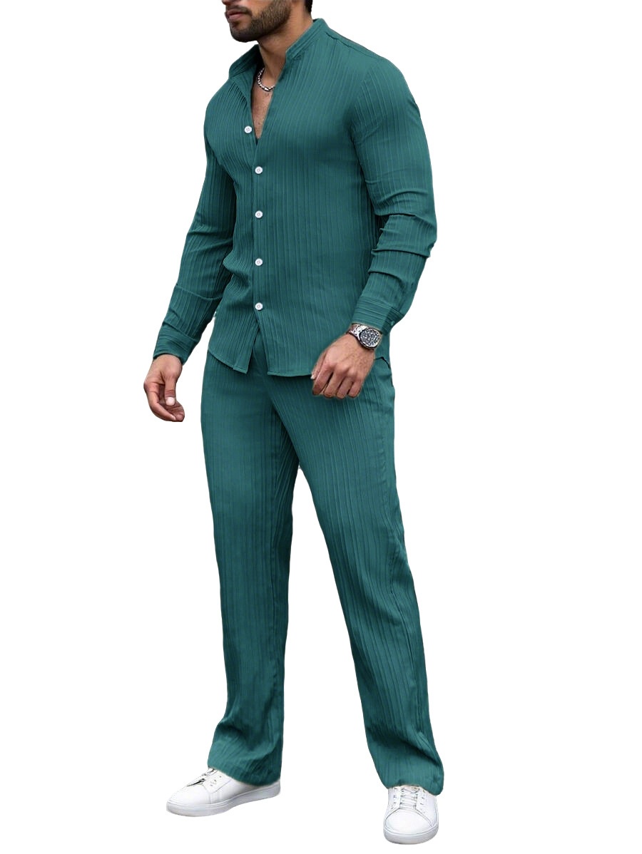 Men's Ribbed Stand Collar Shirt & Pants Casual Set