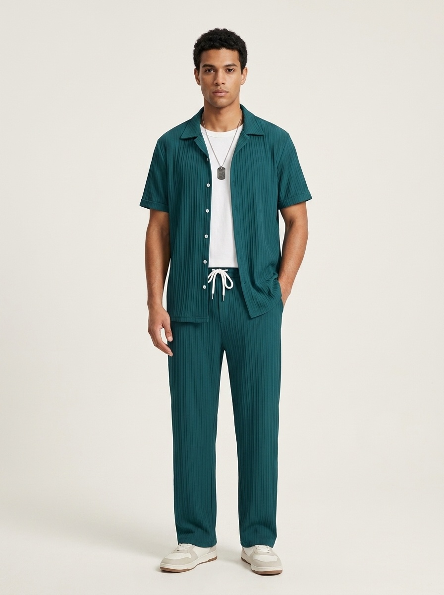 Men's Pleated Shirt & Wide Leg Pants 2-Piece Set