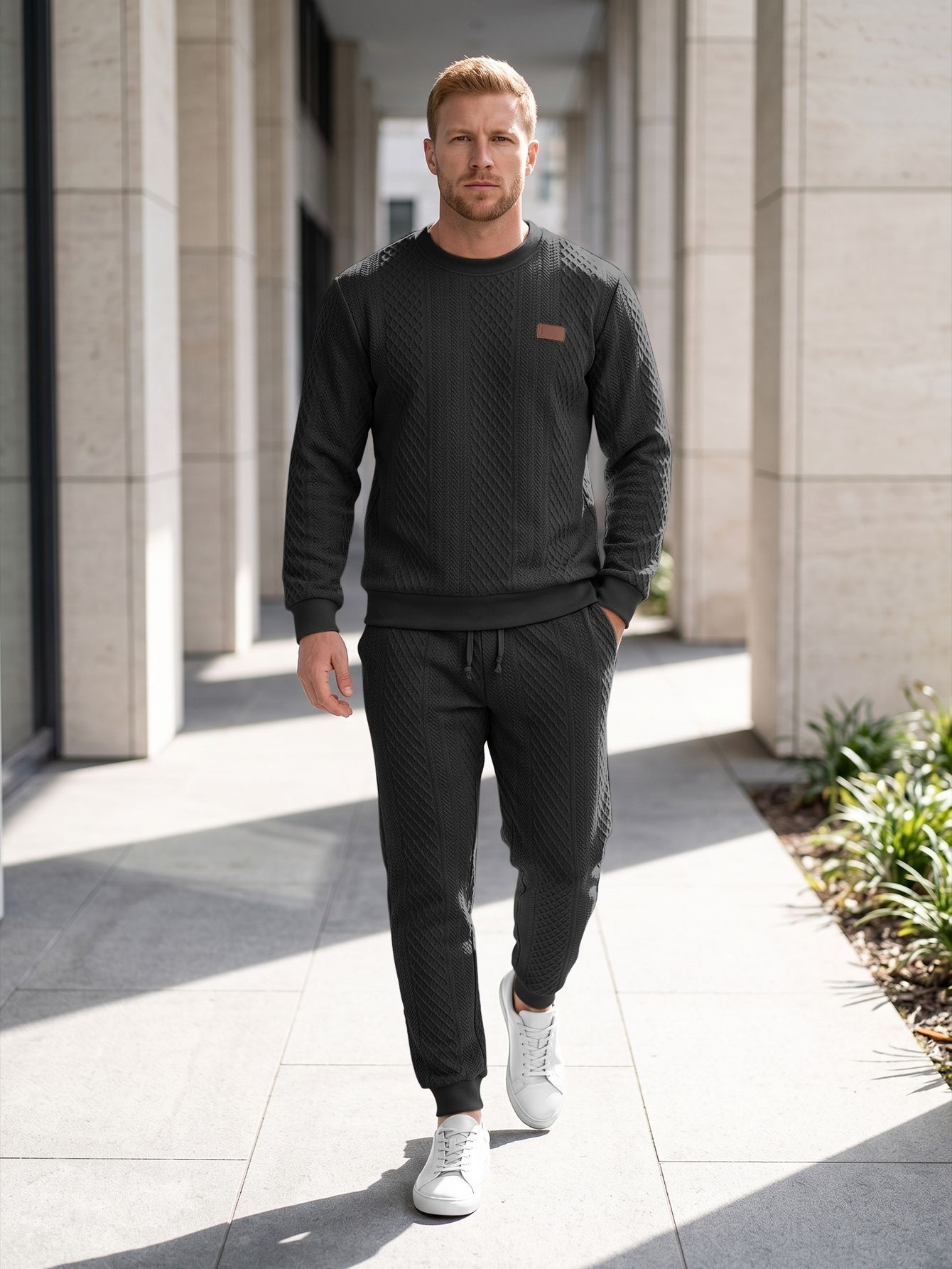 Men's Textured Crewneck Sweatshirt and Jogger Set