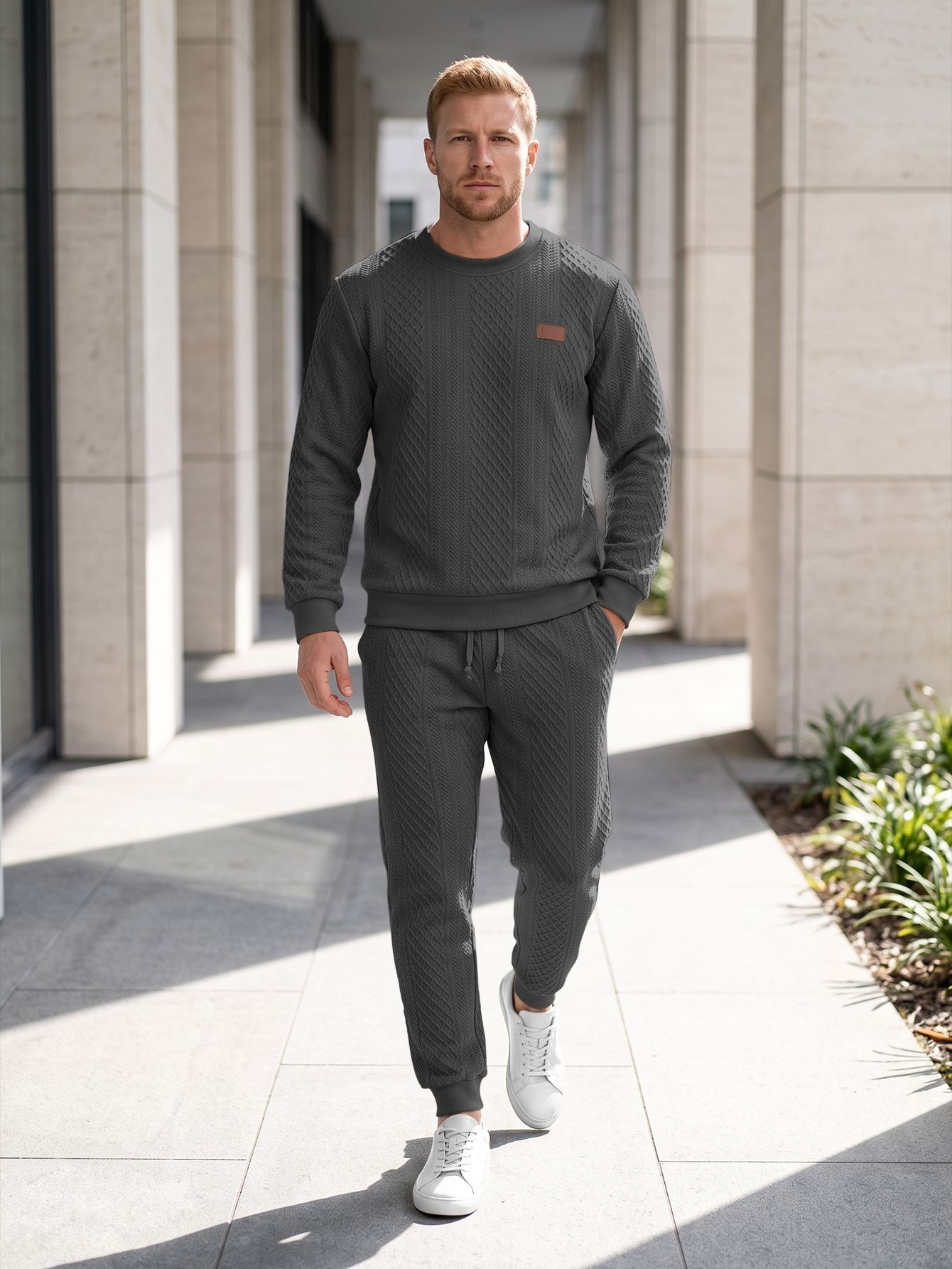 Men's Textured Crewneck Sweatshirt and Jogger Set