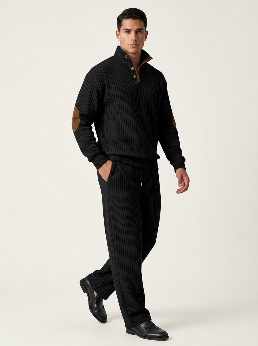 Men Ribbed Knit Half-Zip Pullover and Pants Set