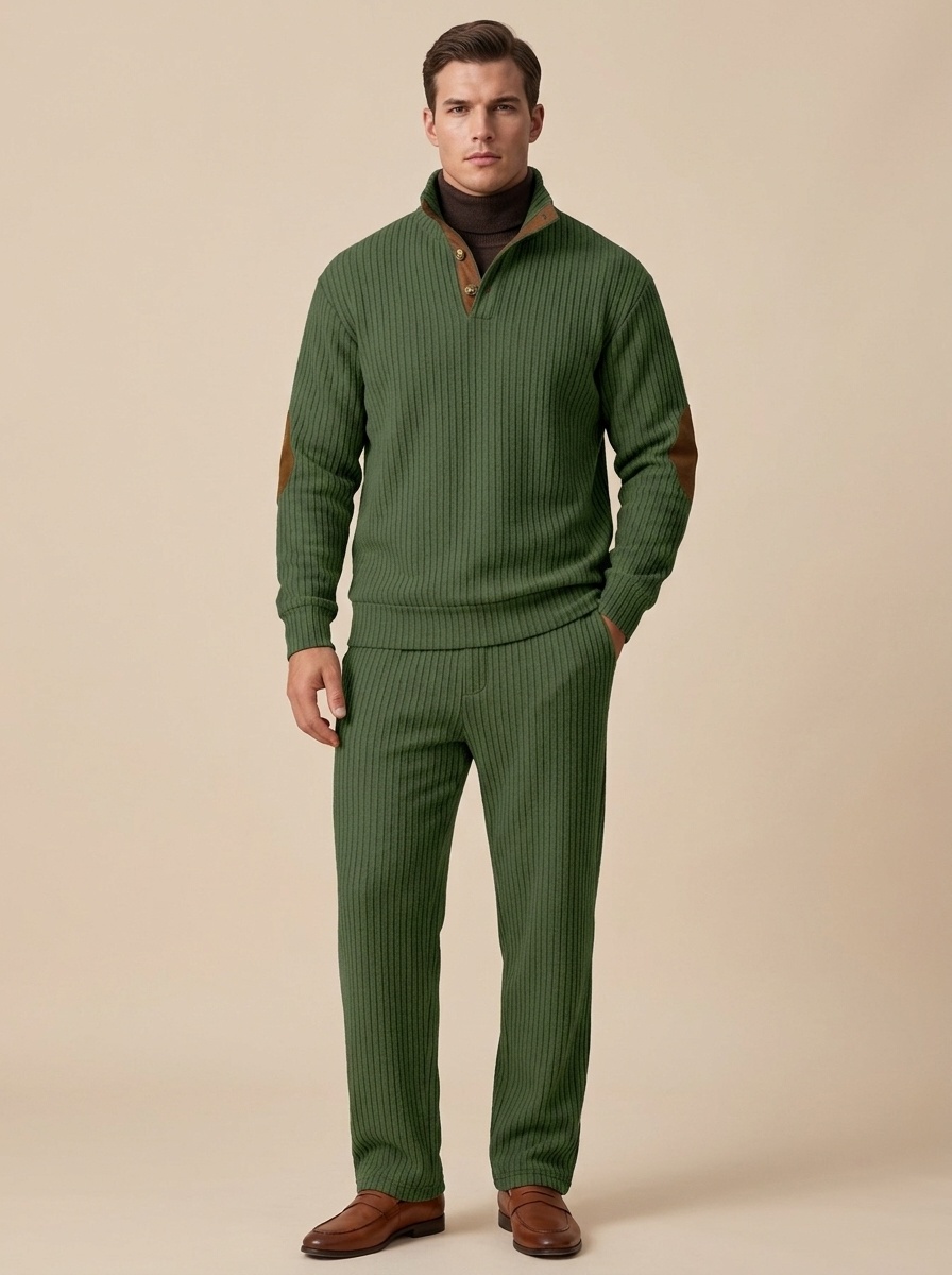 Men Ribbed Knit Half-Zip Pullover and Pants Set