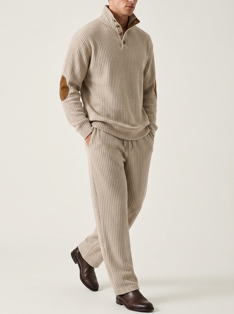 Men Ribbed Knit Half-Zip Pullover and Pants Set