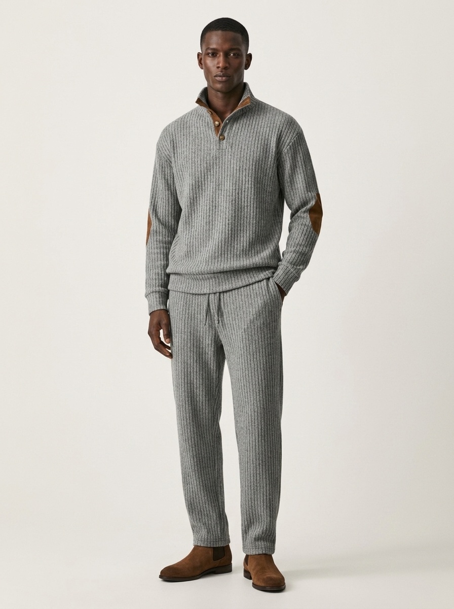 Men Ribbed Knit Half-Zip Pullover and Pants Set