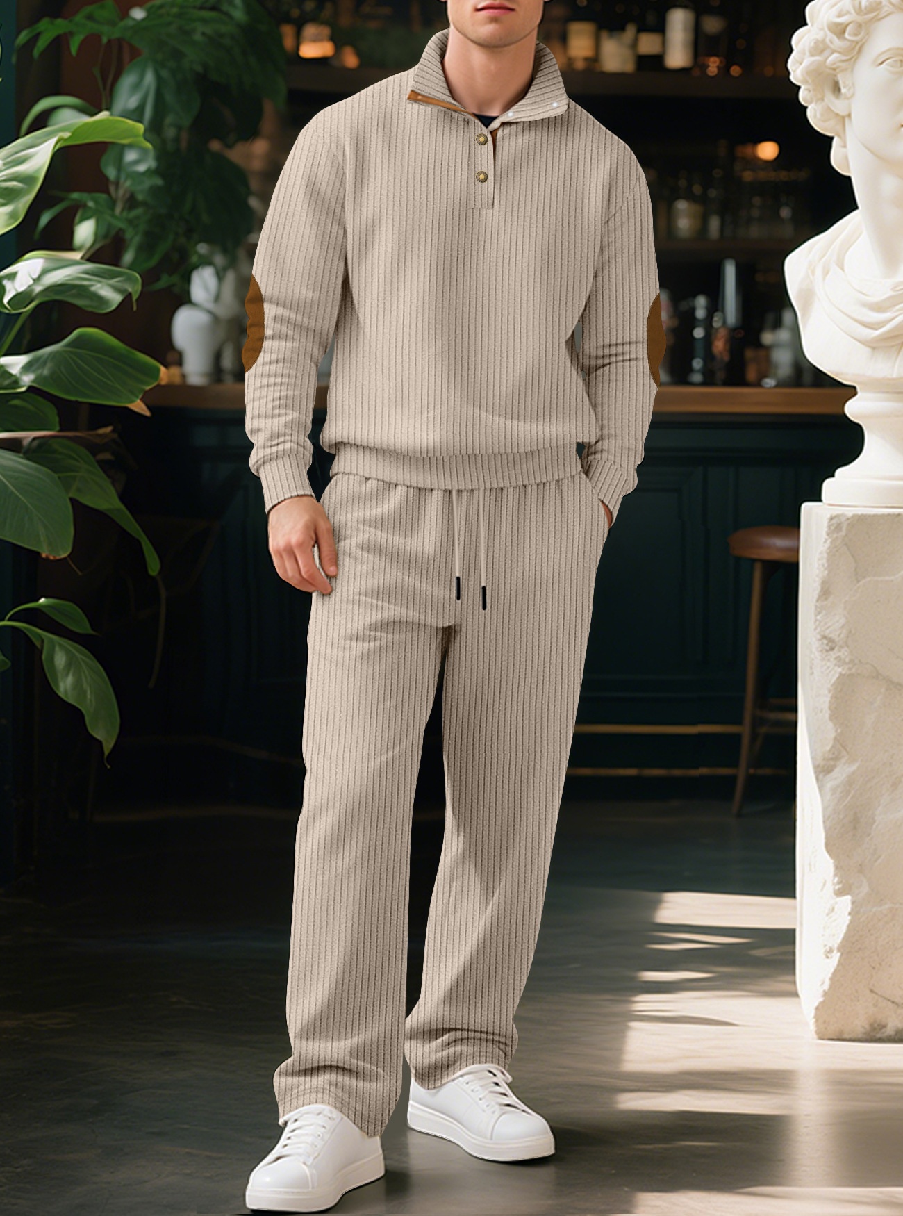 Men Ribbed Knit Half-Zip Pullover and Pants Set