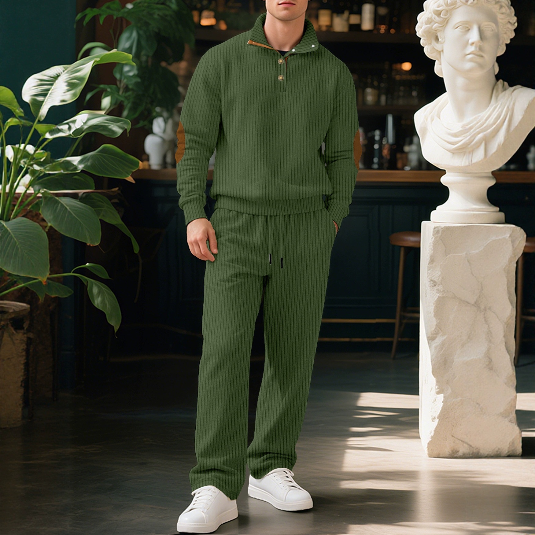 Men Ribbed Knit Half-Zip Pullover and Pants Set
