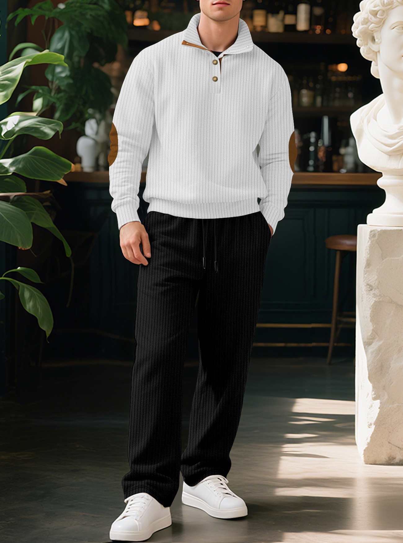Men Ribbed Knit Half-Zip Pullover and Pants Set