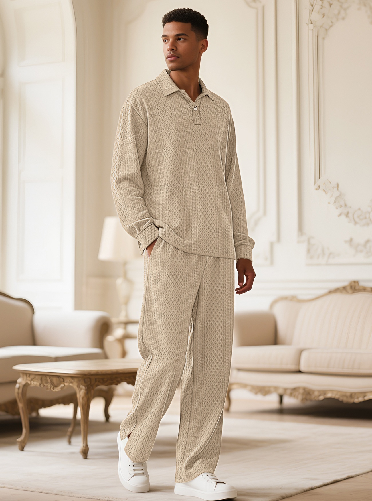 Men Textured Polo Shirt and Pants Set