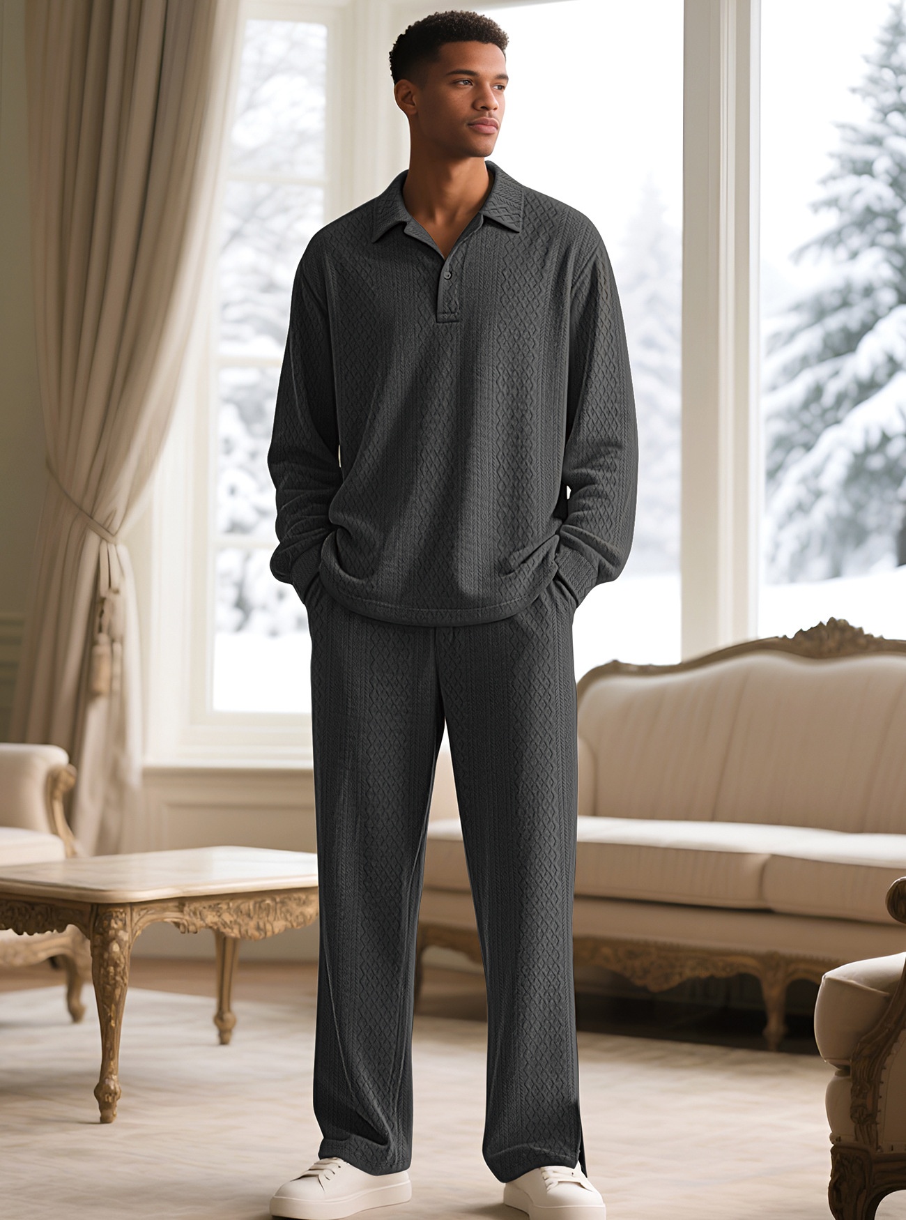 Men Textured Polo Shirt and Pants Set