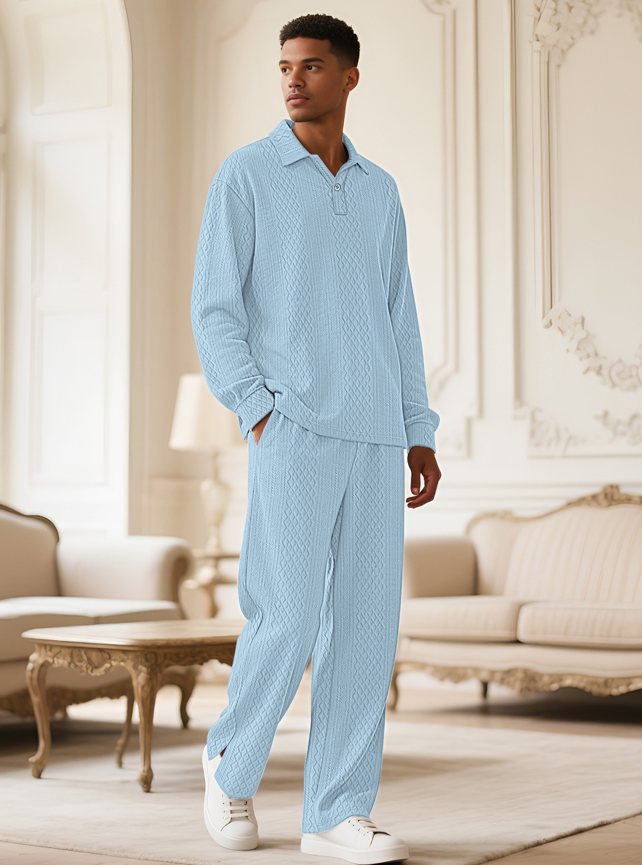 Men Textured Polo Shirt and Pants Set