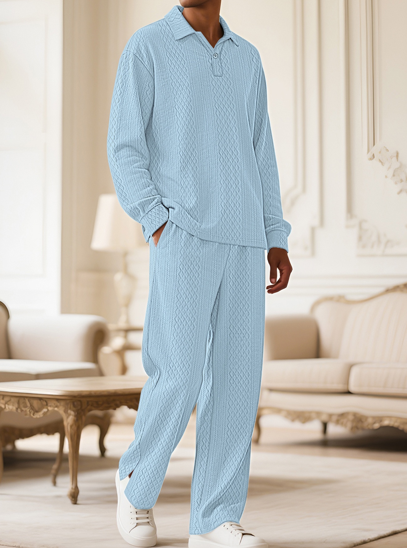 Men Textured Polo Shirt and Pants Set