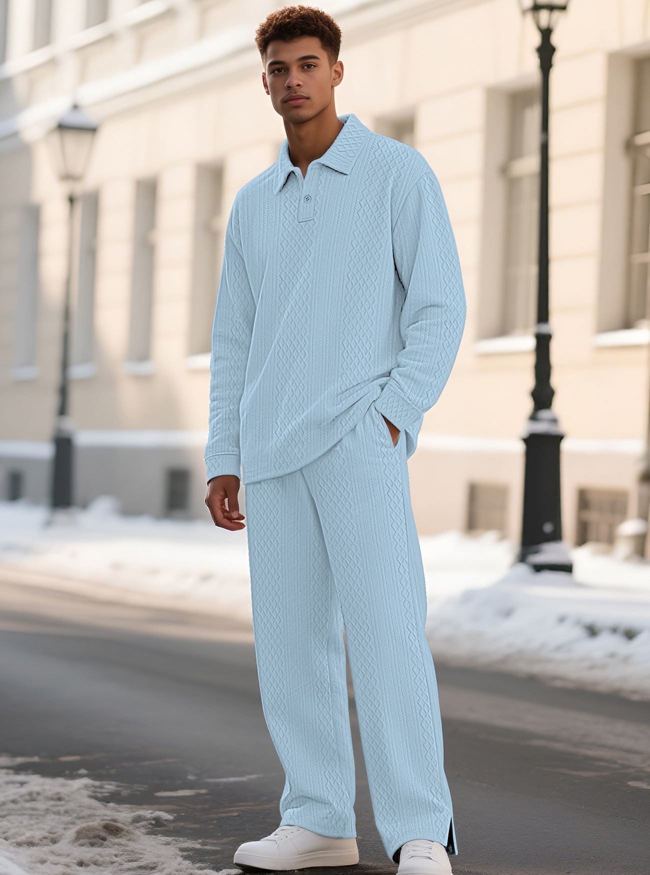 Men Textured Polo Shirt and Pants Set