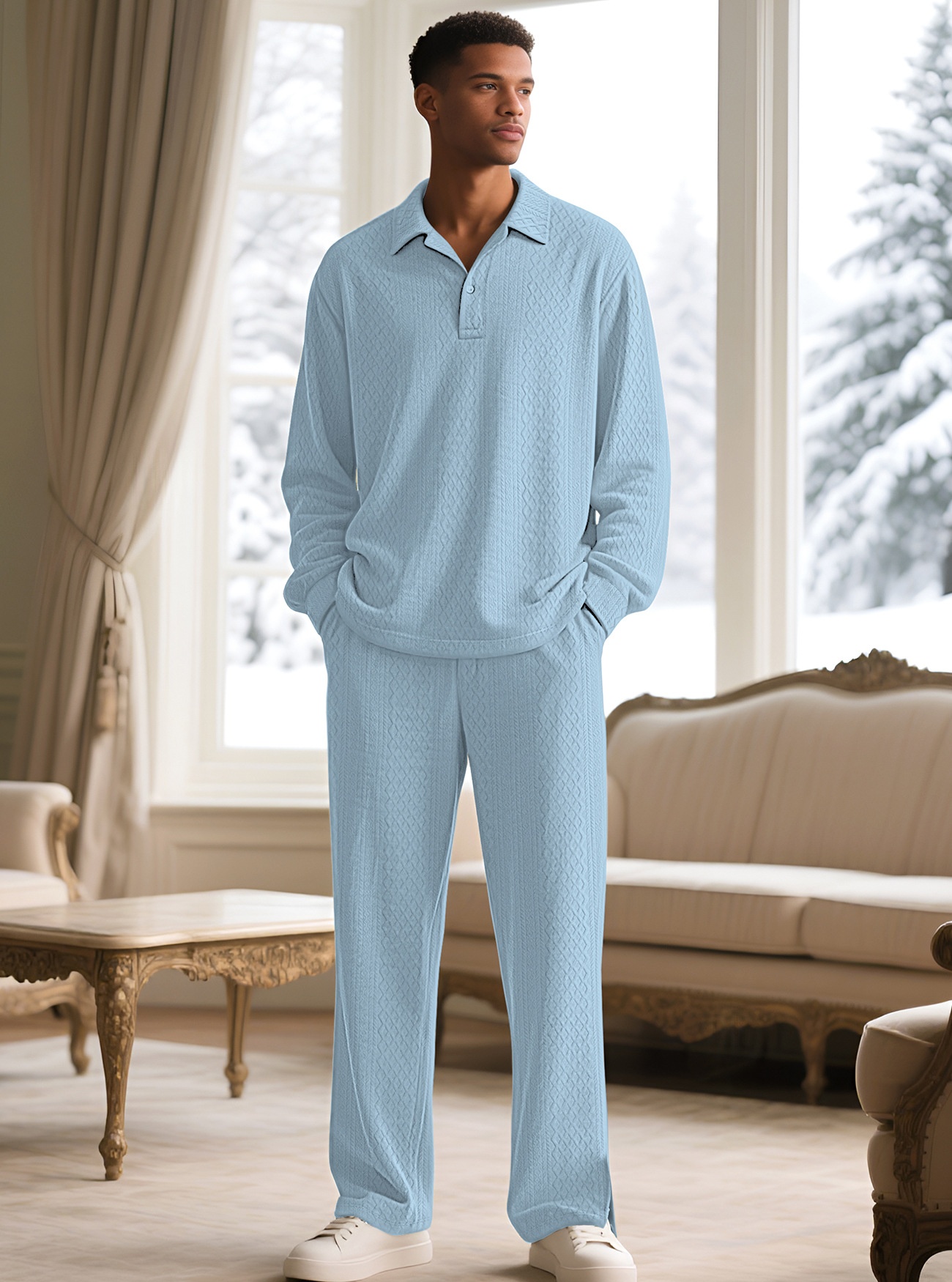 Men Textured Polo Shirt and Pants Set