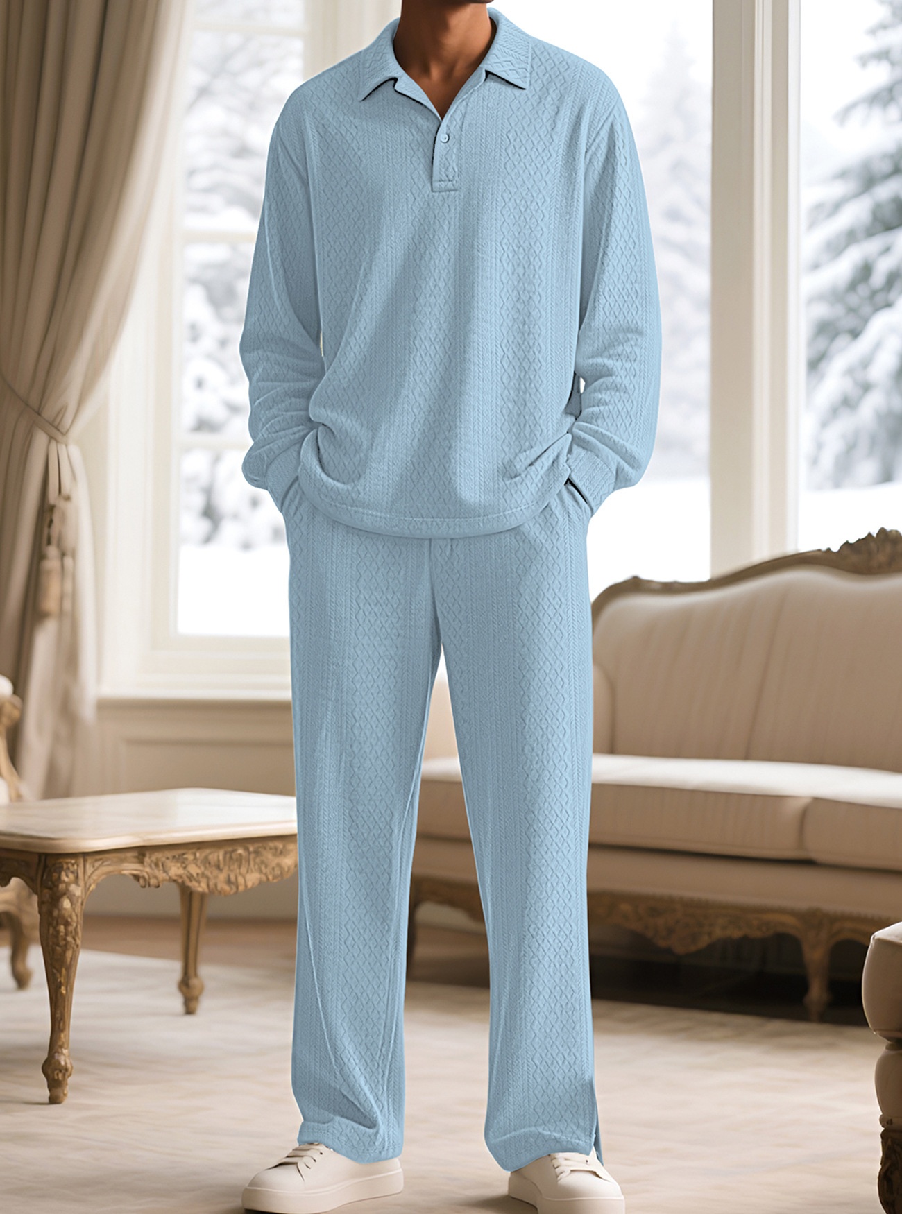 Men Textured Polo Shirt and Pants Set