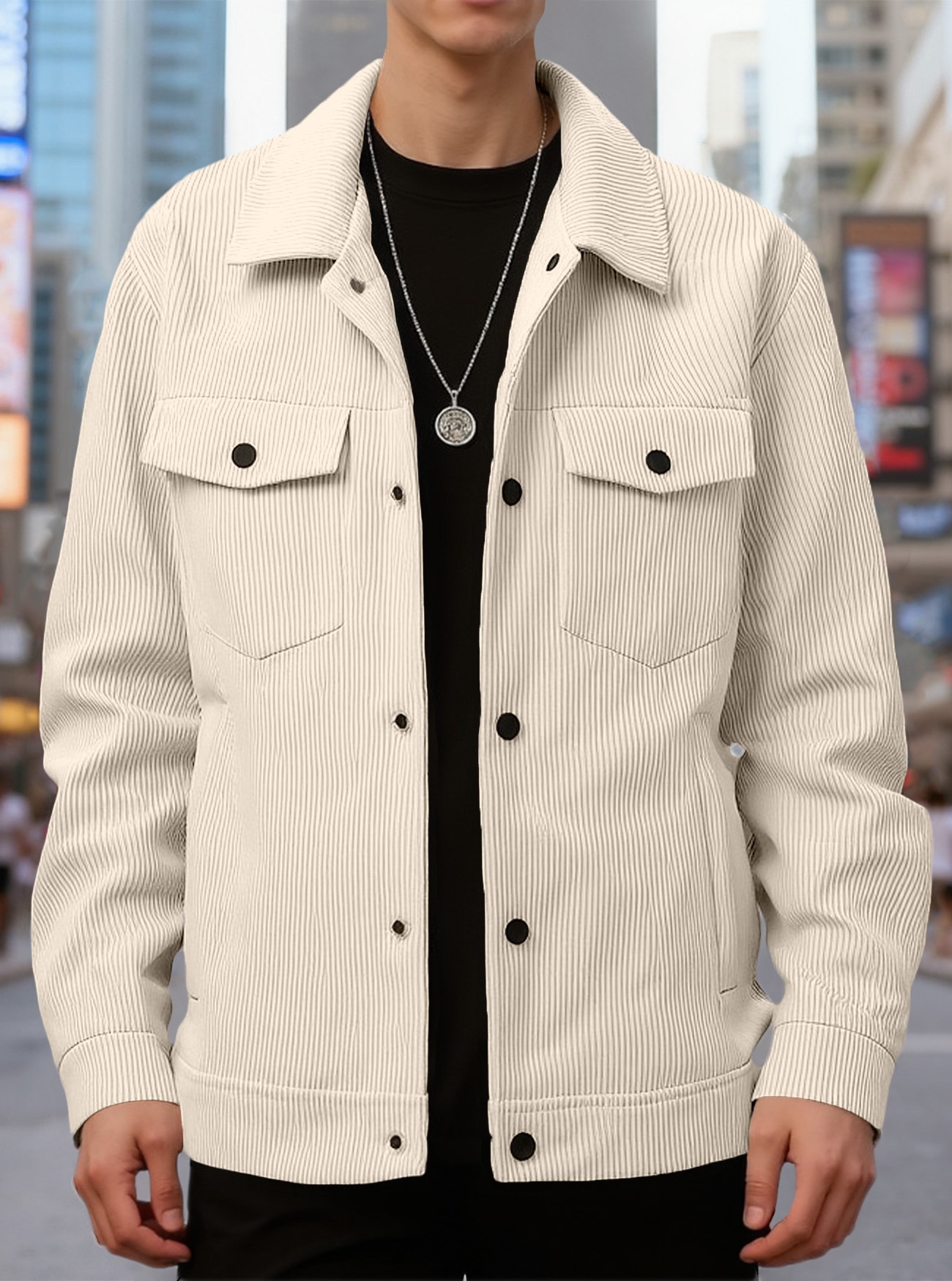Men's Corduroy Button-Up Jacket with Pockets