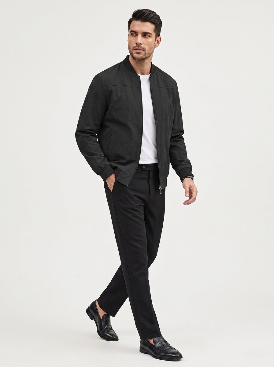 Men's Full-Zip Bomber Jacket with Ribbed Trim