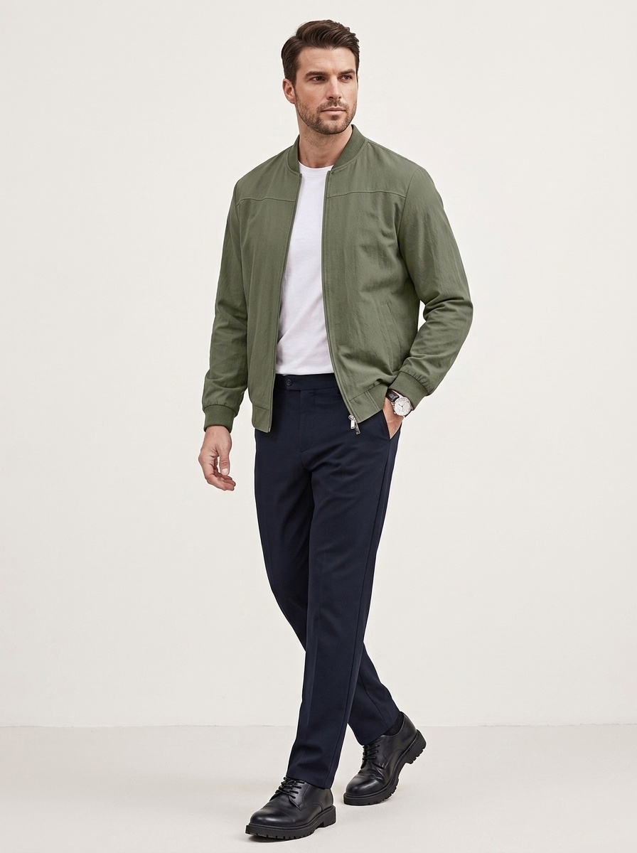 Men's Full-Zip Bomber Jacket with Ribbed Trim