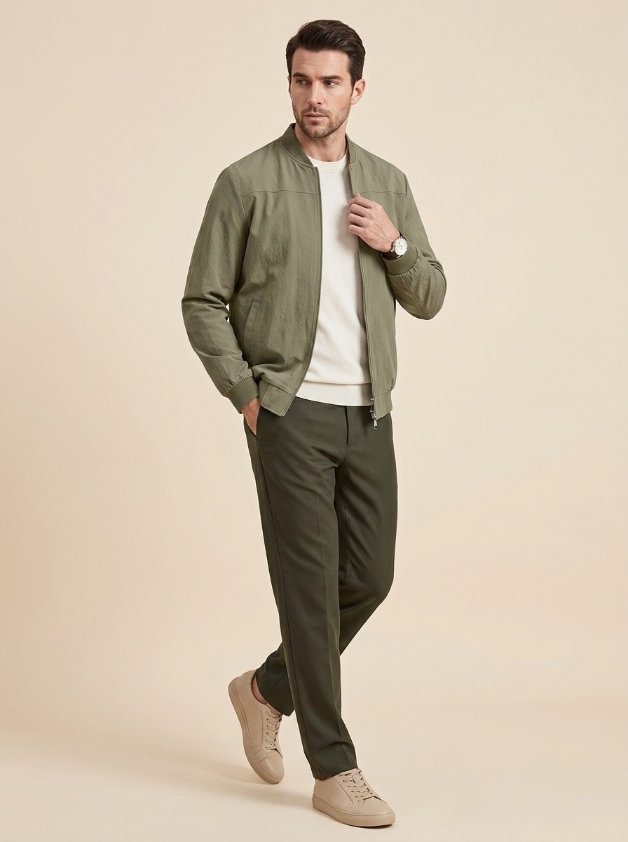 Men's Full-Zip Bomber Jacket with Ribbed Trim