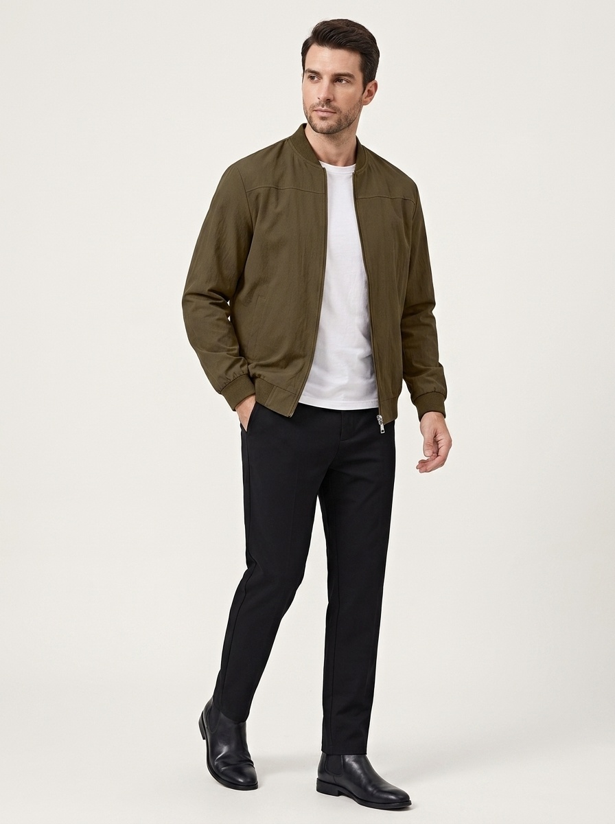 Men's Full-Zip Bomber Jacket with Ribbed Trim