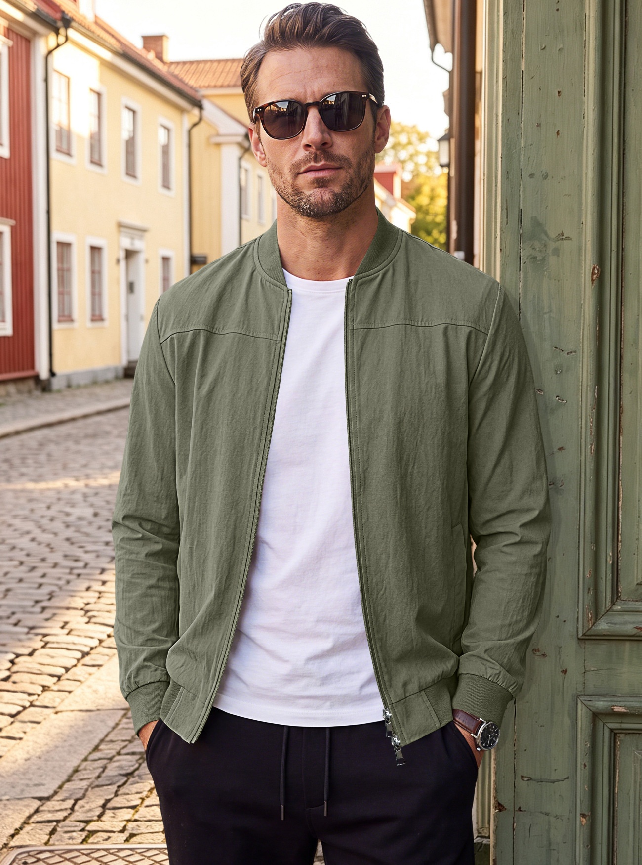 Men's Full-Zip Bomber Jacket with Ribbed Trim