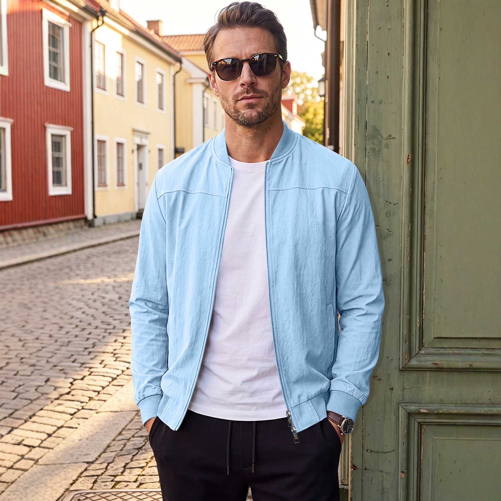 Men's Full-Zip Bomber Jacket with Ribbed Trim