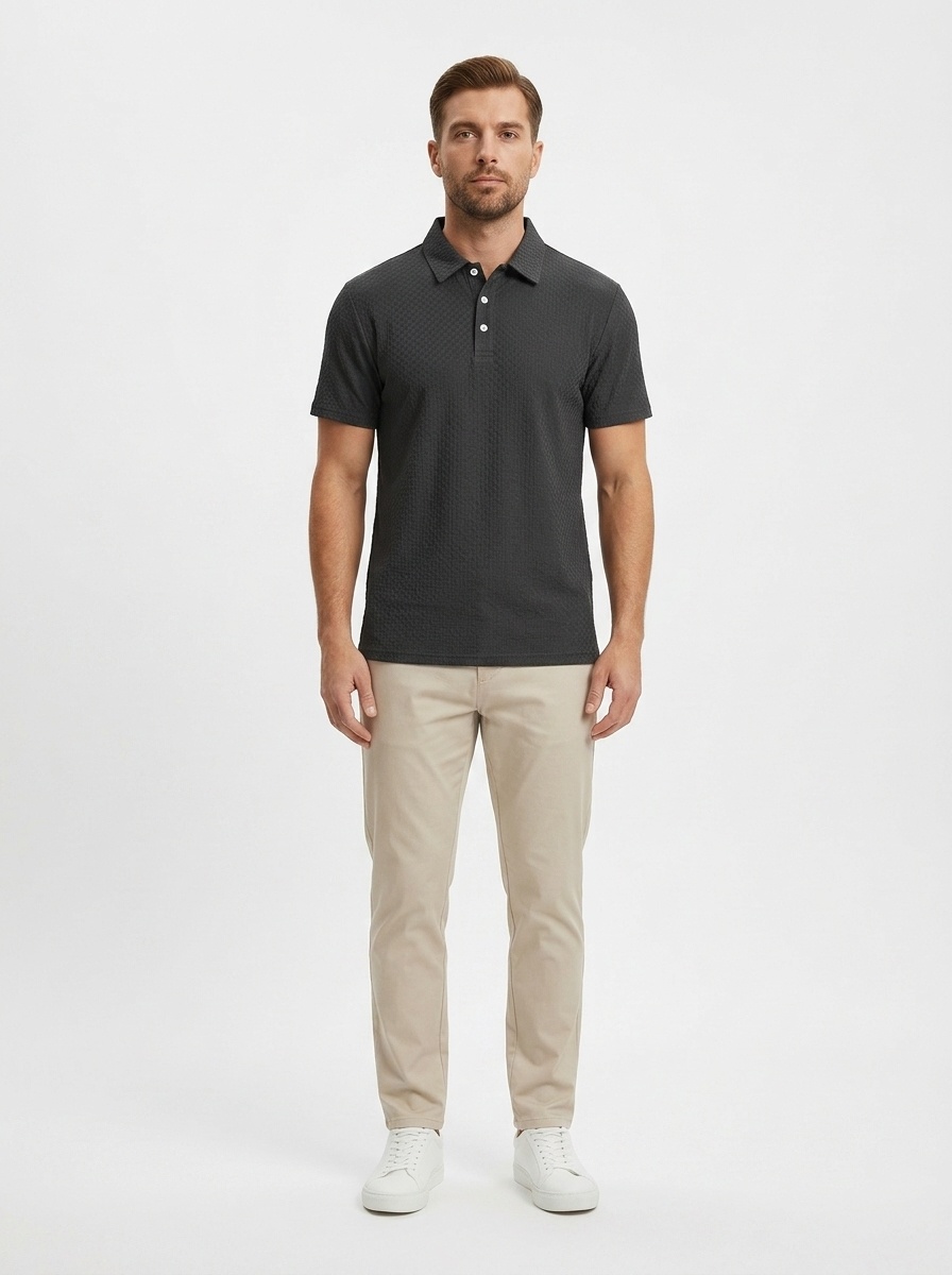 Men's Textured Polo Shirt - Casual Short Sleeve Top