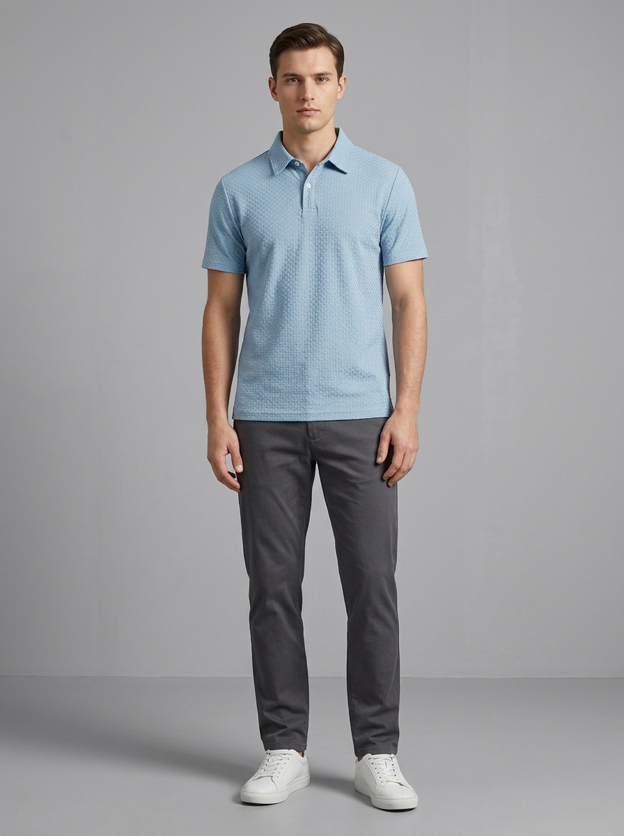 Men's Textured Polo Shirt - Casual Short Sleeve Top
